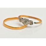 A 22CT GOLD BAND RING AND YELLOW METAL DIAMOND RING, an AF courted band, approximate width 2.5mm,
