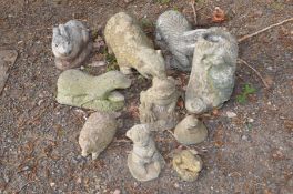 A COLLECTION OF ANIMAL GARDEN ORNAMENTS to include a badger, rabbit, hedgehog, frogs etc (10)