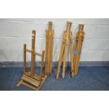 FOUR VARIOUS ARTISTS EASELS, to include three collapsing easels and a surface top easel (4)