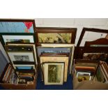 TWO BOXES AND LOOSE PICTURES ETC, to include print reproductions of paintings, Kyd Charles Dickens