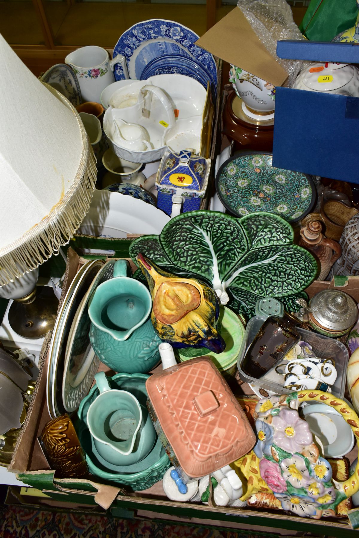 THREE BOXES AND LOOSE CERAMICS AND LAMPS, ETC, to include novelty tea pots, a small cloisonne vase