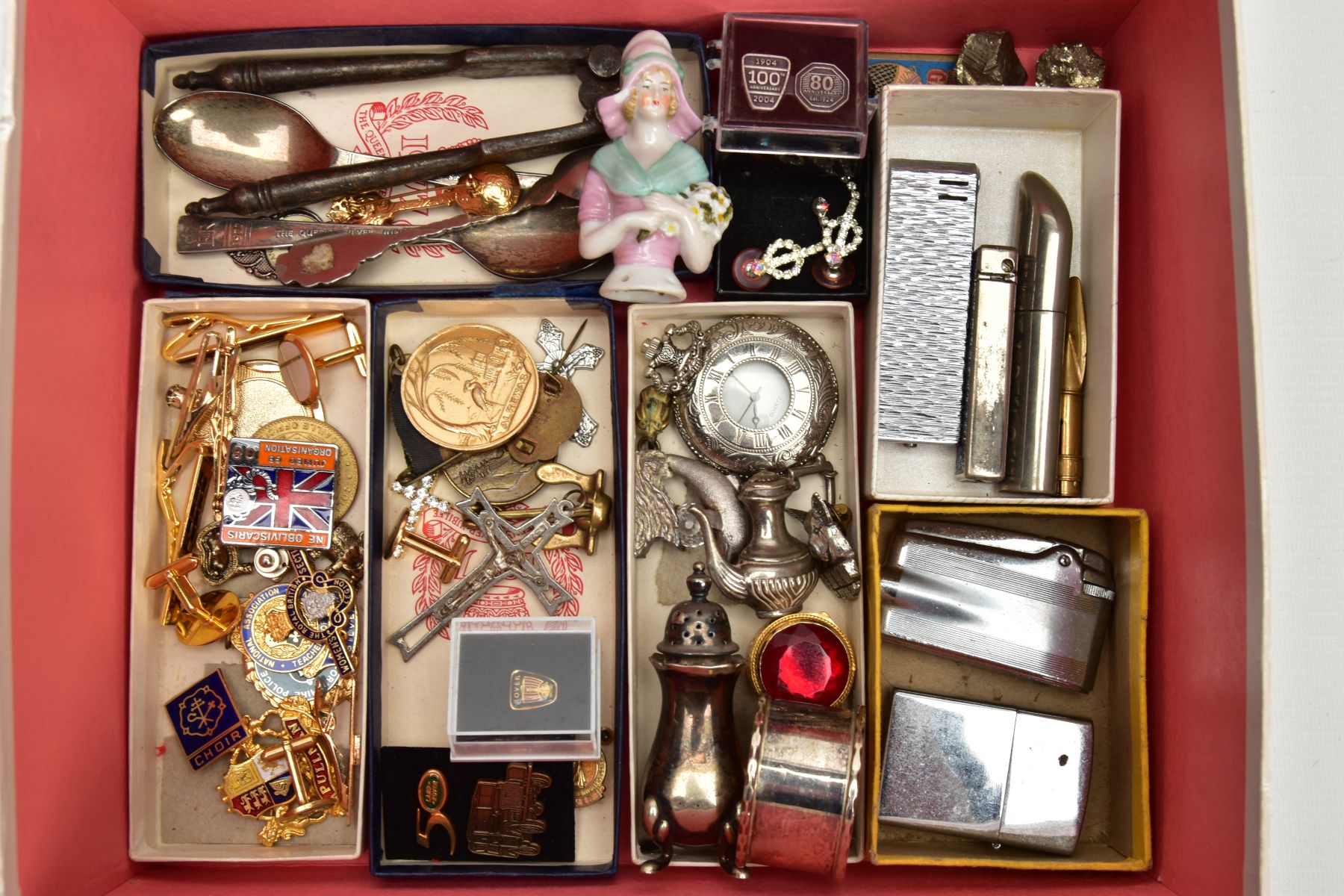 A BOX OF ASSORTED ITEMS, to include various enamelled cufflinks, tie clips and pin badges,