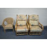 A PAIR OF WICKER ARMCHAIRS, with beige and floral upholstery, and another wicker armchair (Sd to