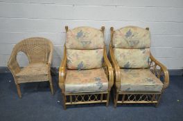 A PAIR OF WICKER ARMCHAIRS, with beige and floral upholstery, and another wicker armchair (Sd to