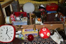 FOUR BOXES AND LOOSE METALWARE, HOUSEHOLD SUNDRIES, PRINTS, TINS, ETC, including an aluminium jam