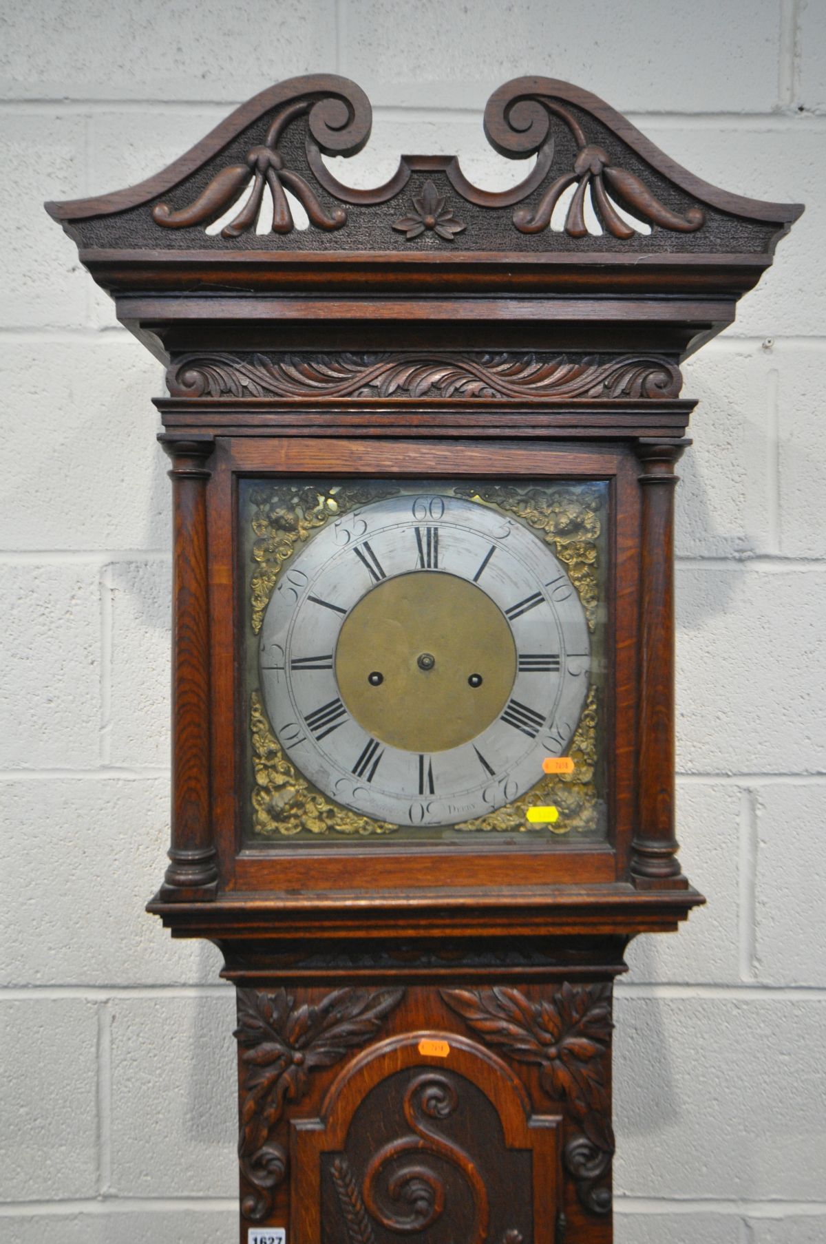 AN OAK EIGHT DAY LONGCASE CLOCK, Whitehurst of Derby, the hood and trunk with carved foliate - Image 2 of 8