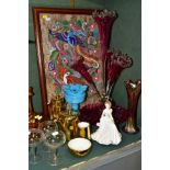 A GROUP OF CERAMICS, GLASSWARES, WOODEN CANDLESTICKS AND A BARK PAINTING, comprising a Royal