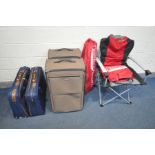 A PAIR OF QUEST ELITE SUPERLITE FOLDING OUTDOOR CHAIRS, two large green suitcases and two smaller