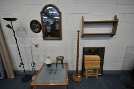 A QUANTITY OF OCCASIONAL FURNITURE, to include a square coffee table with two glass tier shelves,