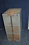 A THREE DRAWER METAL FILING CABINET with adapted bar to secure drawers width 47cm, depth 63cm and