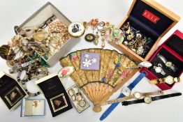 A BOX OF COSTUME JEWELLERY AND WATCHES, to include a small red box with contents of fashion