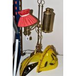 A BRASS STUDENT READING LAMP TOGETHER WITH TWO REPRODUCTION ART DECO WALL LIGHTS, the reading lamp