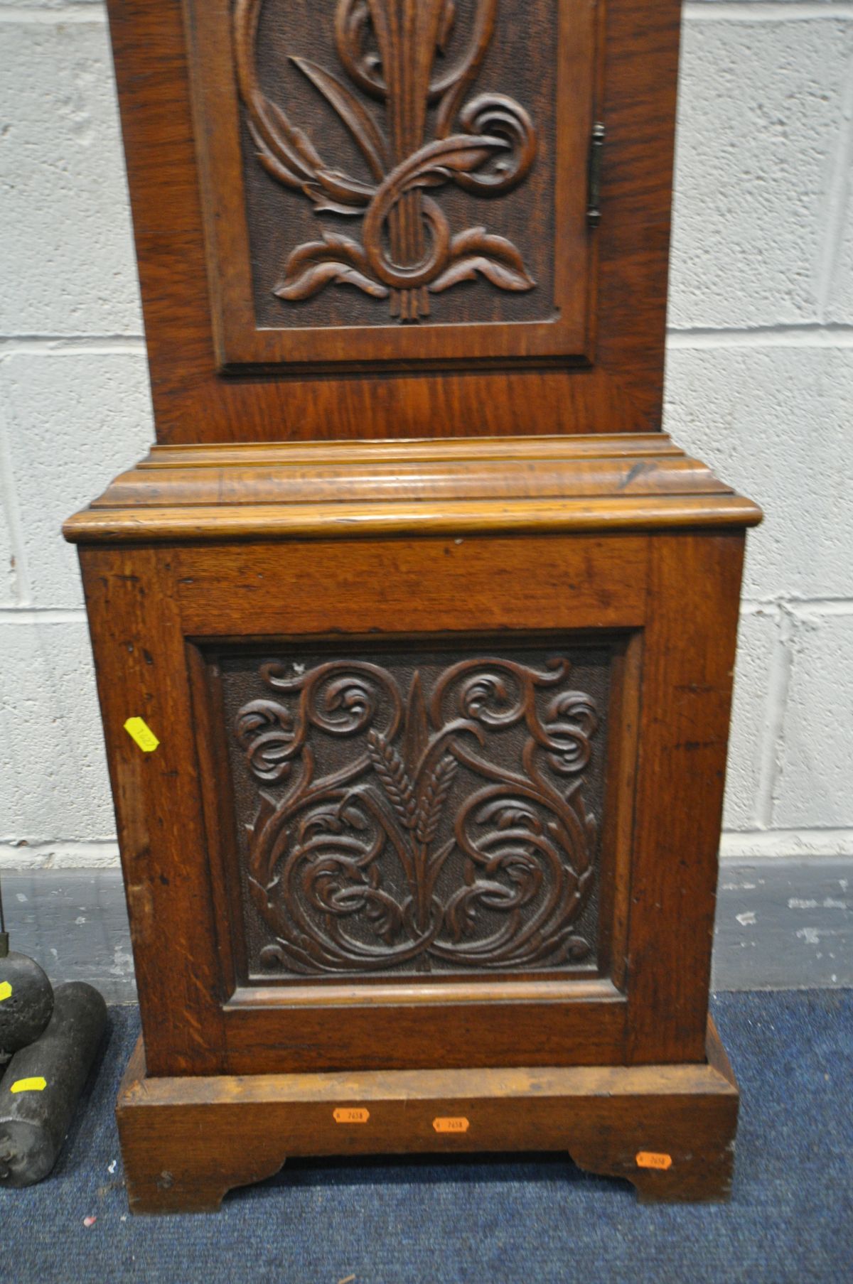 AN OAK EIGHT DAY LONGCASE CLOCK, Whitehurst of Derby, the hood and trunk with carved foliate - Image 7 of 8