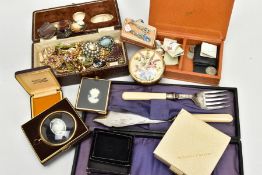 A BOX OF ASSORTED ITEMS, to include three jewellery boxes, an embroidered trinket box, two 'art