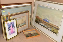 PAINTINGS AND PRINTS, comprising a watercolour landscape initialled KC, approximate size 31cm x