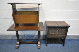 AN OAK SEWING BOX, with sliding open top, an oak coffee table, and a magazine rack/table (3)