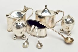 A SELECTION OF SILVER CONDIMENTS, to include a pair of egg shaped pepperettes each of a plain