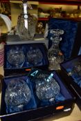 A GROUP OF BOXED STUART AND WATERFORD CRYSTAL ITEMS, to include a Waterford Crystal round decanter
