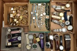 A BOX OF ASSORTED LADIES AND GENTLEMENS FASHION WRISTWATCHES, mostly quartz movements with names