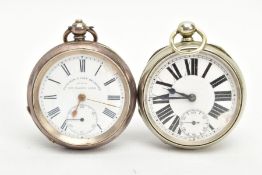 TWO OPEN FACE POCKET WATCHES, the first a white metal pocket watch with a white ceramic dial