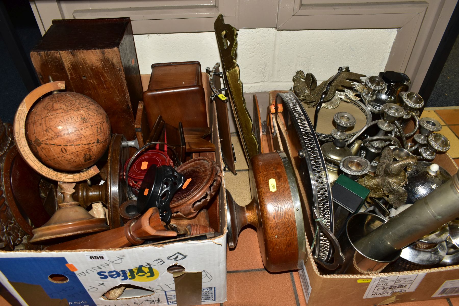 TWO BOXES AND LOOSE TREEN, METALWARES, ETC, including wooden jewellery boxes, reproduction globe,