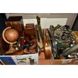 TWO BOXES AND LOOSE TREEN, METALWARES, ETC, including wooden jewellery boxes, reproduction globe,