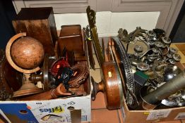 TWO BOXES AND LOOSE TREEN, METALWARES, ETC, including wooden jewellery boxes, reproduction globe,