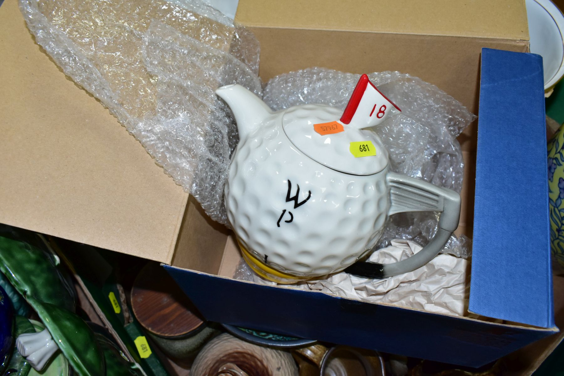 THREE BOXES AND LOOSE CERAMICS AND LAMPS, ETC, to include novelty tea pots, a small cloisonne vase - Image 6 of 6