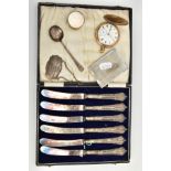 AN ASSORTMENT OF SILVER ITEMS, to include a cased set of six silver butter knives, hallmarked '