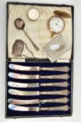 AN ASSORTMENT OF SILVER ITEMS, to include a cased set of six silver butter knives, hallmarked '