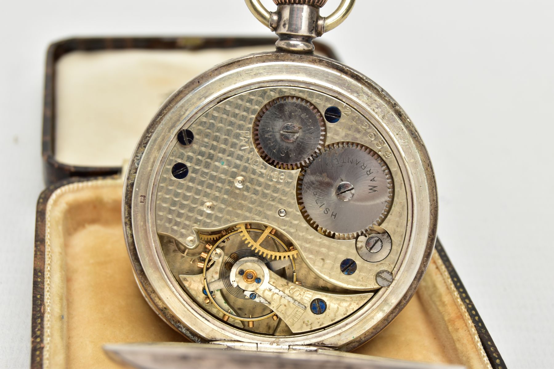 A SILVER CASED POCKET WATCH, a hand wound hunter pocket watch, white dial, roman numerals, - Image 5 of 5