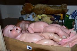 TWO GERMAN BISQUE HEAD BABY DOLLS AND A BOX OF SOFT TOYS, the two dolls both with composition bodies