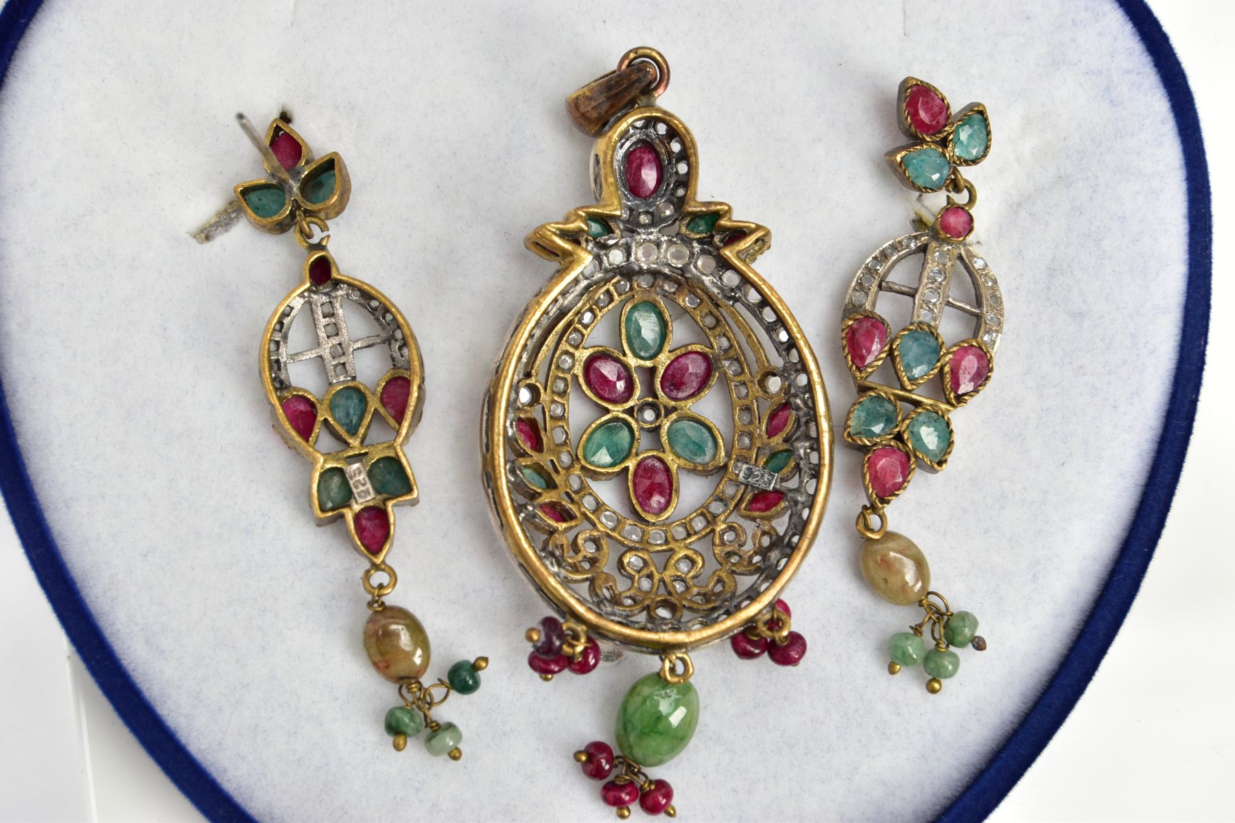 A GEM SET PENDANT AND MATCHING EARRINGS, each drop earring is set with low quality dyed red and - Image 4 of 4