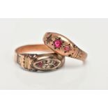 TWO LATE 19TH CENTURY GOLD RINGS, a rose gold small domed band set with two circular cut paste