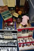 THREE BOXES OF SUNDRY ITEMS, METAL WARE, ETC, to include a distressed child's doll, three cutlery