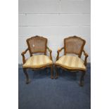 A PAIR OF REPRODUCTION FRENCH STYLE OPEN ARMCHAIRS, with bergère back and gold stripped upholstery