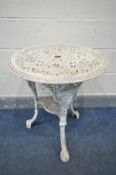 A WHITE PAINTED CAST IRON CIRCULAR PUB TABLE, diameter 59cm x height 68cm