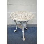 A WHITE PAINTED CAST IRON CIRCULAR PUB TABLE, diameter 59cm x height 68cm