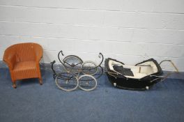 A VINTAGE DOLLS PRAM (condition - frame rusted, straps broken, ideal for restoration) and a Lloyd