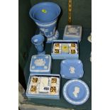 WEDGWOOD BLUE JASPER AND GIFT WARES, comprising two boxed sets of gold plated place card holders