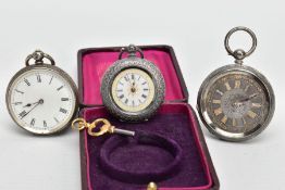 THREE OPEN FACE POCKET WATCHES, the first a ladies silver watch (missing glass front) gold tone