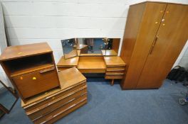 AN AVALON TEAK BEDROOM SUITE, comprising 91cm x depth 56cm x height 173cm, a dressing table with a