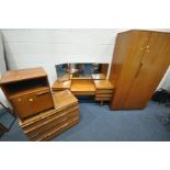 AN AVALON TEAK BEDROOM SUITE, comprising 91cm x depth 56cm x height 173cm, a dressing table with a