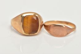 A 9CT GOLD TIGERS EYE SIGNET AND YELLOW METAL SIGNET, a large signet ring set with a squared