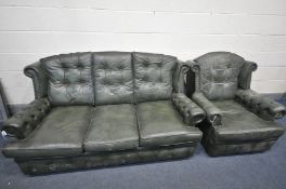 A GREEN LEATHER BUTTONED WING BACK TWO PIECE LOUNGE SUITE, with removable seat and back cushions,