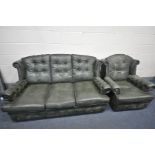 A GREEN LEATHER BUTTONED WING BACK TWO PIECE LOUNGE SUITE, with removable seat and back cushions,