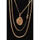 A 9CT GOLD LOCKET PENDANT NECKLACE AND A CHAIN, the locket of an oval form decorated with a