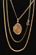 A 9CT GOLD LOCKET PENDANT NECKLACE AND A CHAIN, the locket of an oval form decorated with a