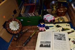 TWO BOXES AND LOOSE BOOKS, PICTURES, CLOCKS, METALWARES AND SUNDRY ITEMS, to include a BC & Co Ltd