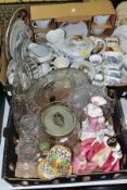 TWO BOXES OF LADY FIGURES, COFFEE WARES, PRESS MOULDED GLASS, ETC, including a Royal Doulton
